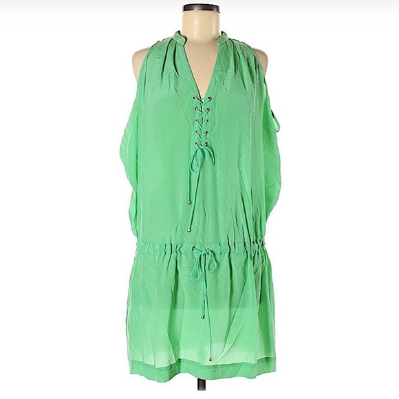 𝅺ANTHROPOLOGIE Leifsdottir Green Silk Drawstring Waist Mini Dress Size 6 - Picture 1 of 7